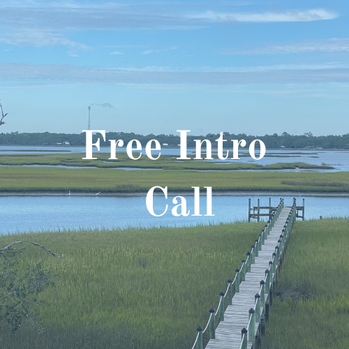 Scenic waterfront view with a wooden pier; text overlays: