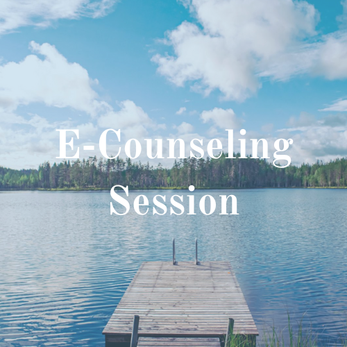 Dock on a lake with trees and blue sky with text: E-Counseling Session.