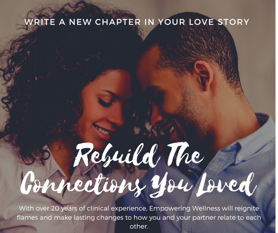 Couple smiling, heads close. Text:
