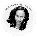Black-and-white logo of a woman's portrait with the text “carol's handmade emporium” in a circular design
