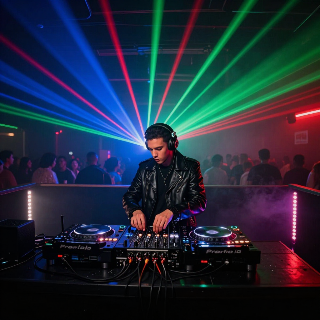DJ performing in a nightclub, mixing on turntables under red, green, and blue laser lights