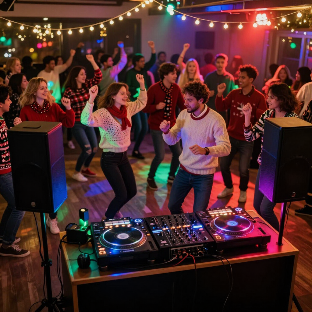 DJ booth at a lively party, with people dancing under colorful string lights.