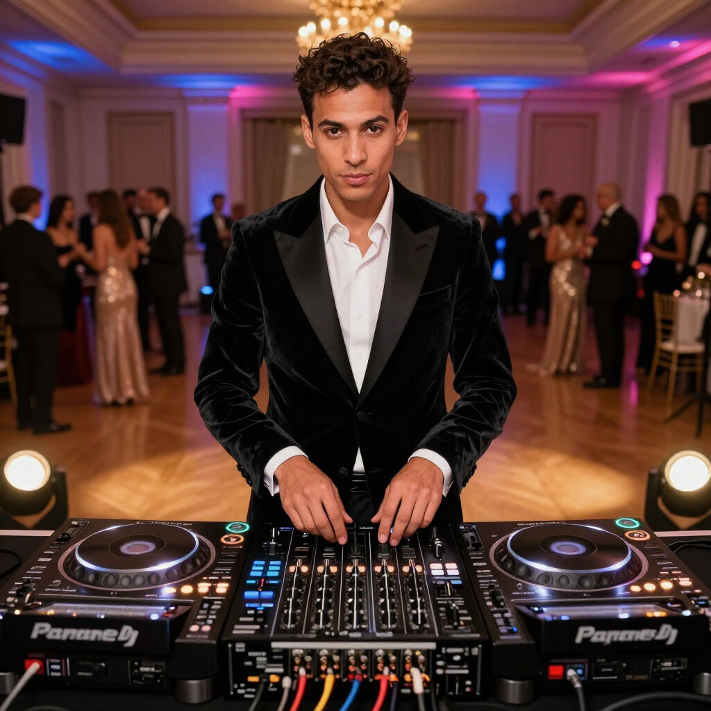 DJ at a mixing console in a ballroom, wearing a black jacket, with guests and colorful lights in the background