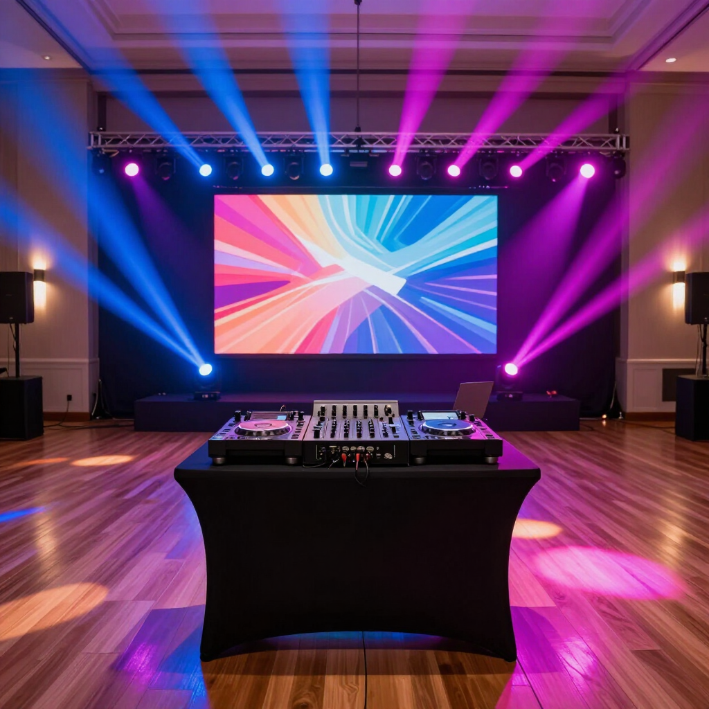 Colorful concert stage with DJ booth, glowing blue and pink lights, and a large abstract screen backdrop