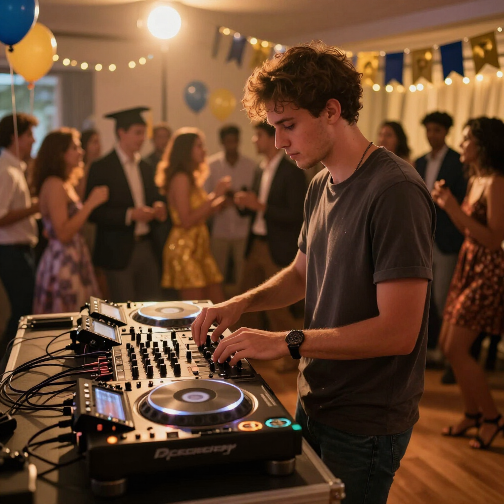 DJ mixing music at a warmly lit party, with dancers and bunting in the background.