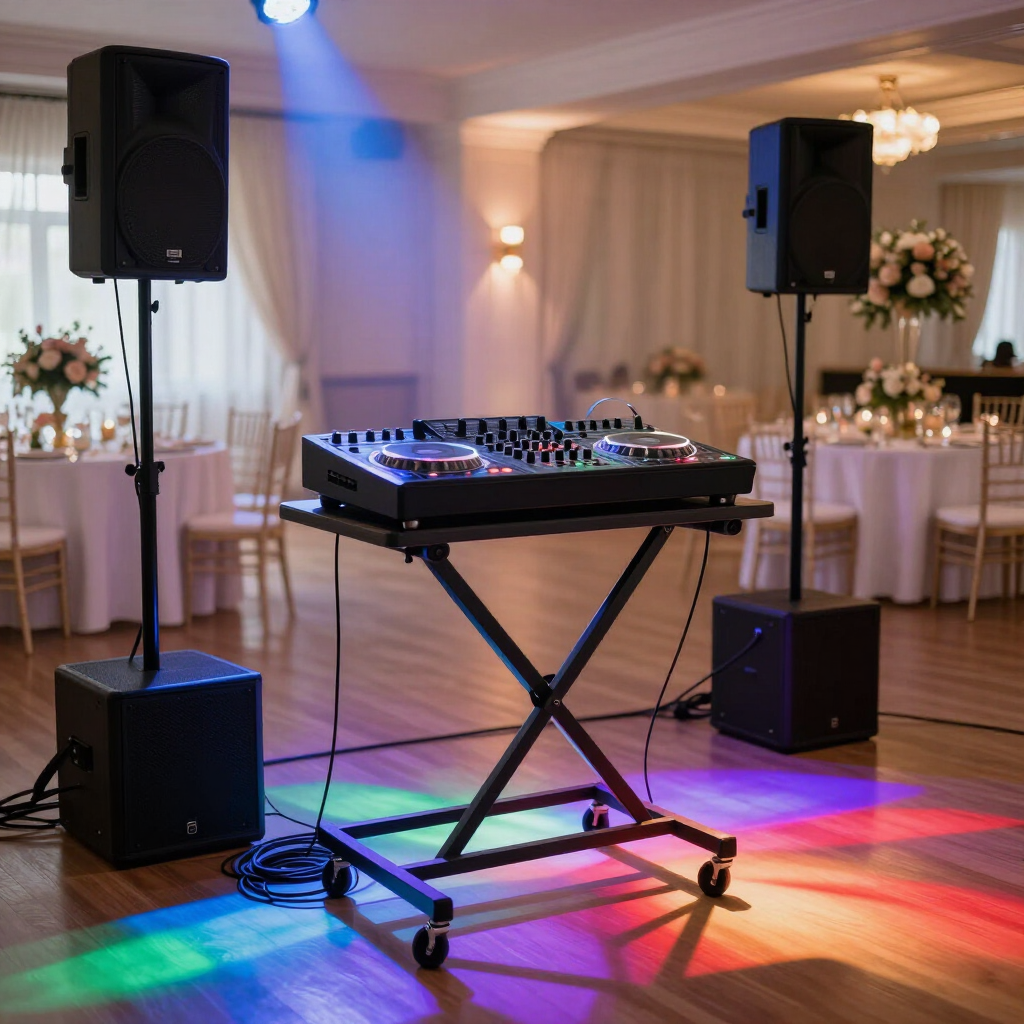 DJ setup with speakers and colorful dance floor lighting in a decorated reception hall