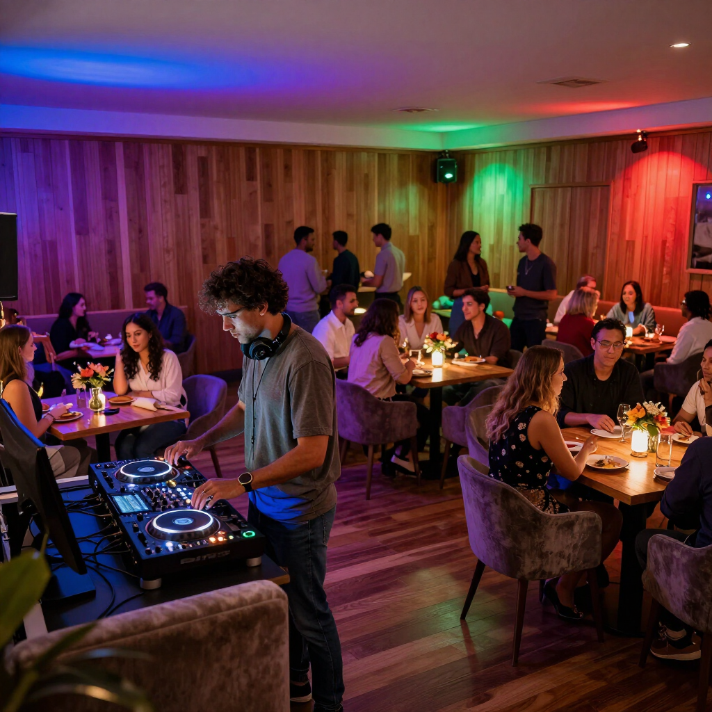 DJ performing at a candlelit restaurant with seated diners and colorful ambient lighting