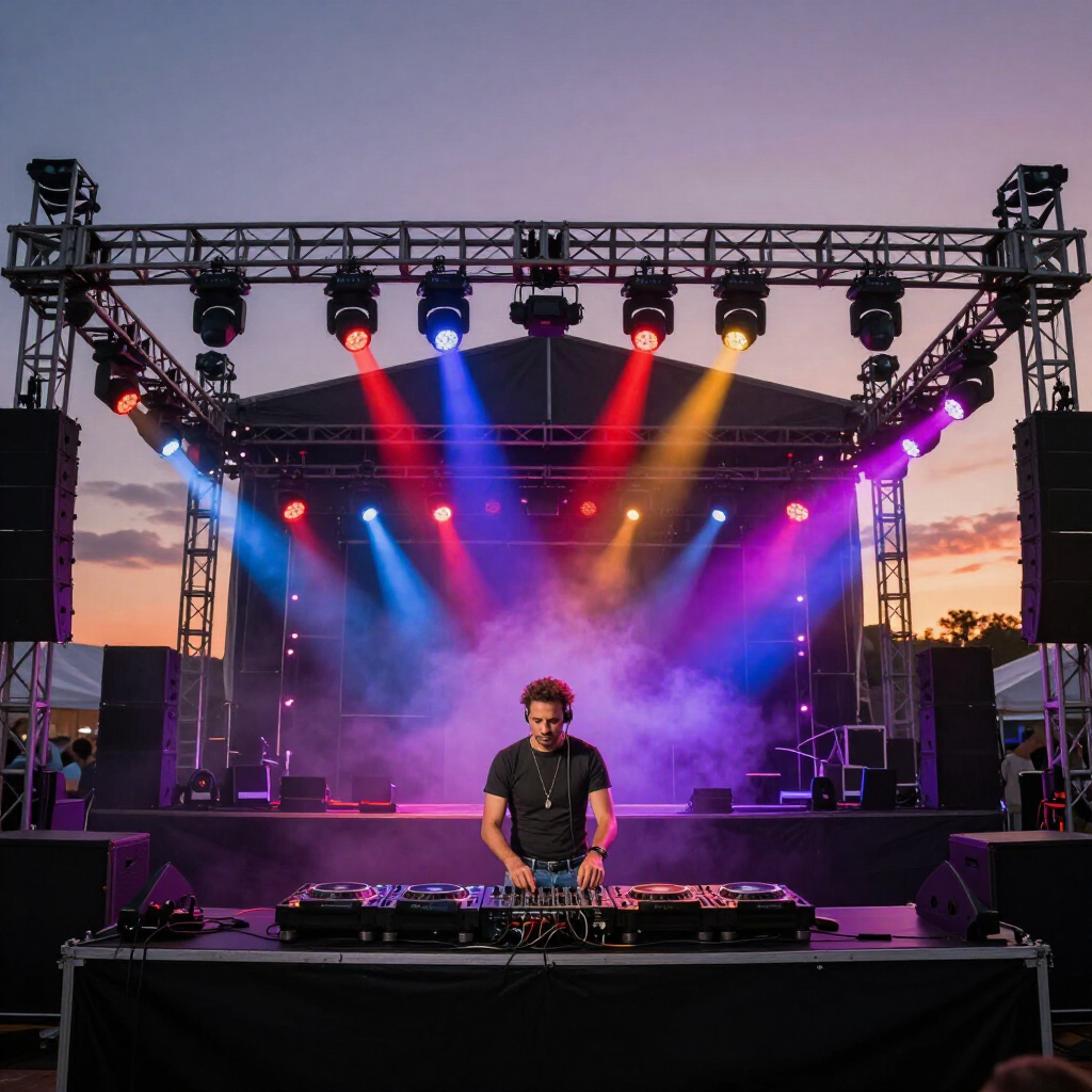 DJ performing on an outdoor stage at sunset with colorful lights and purple smoke