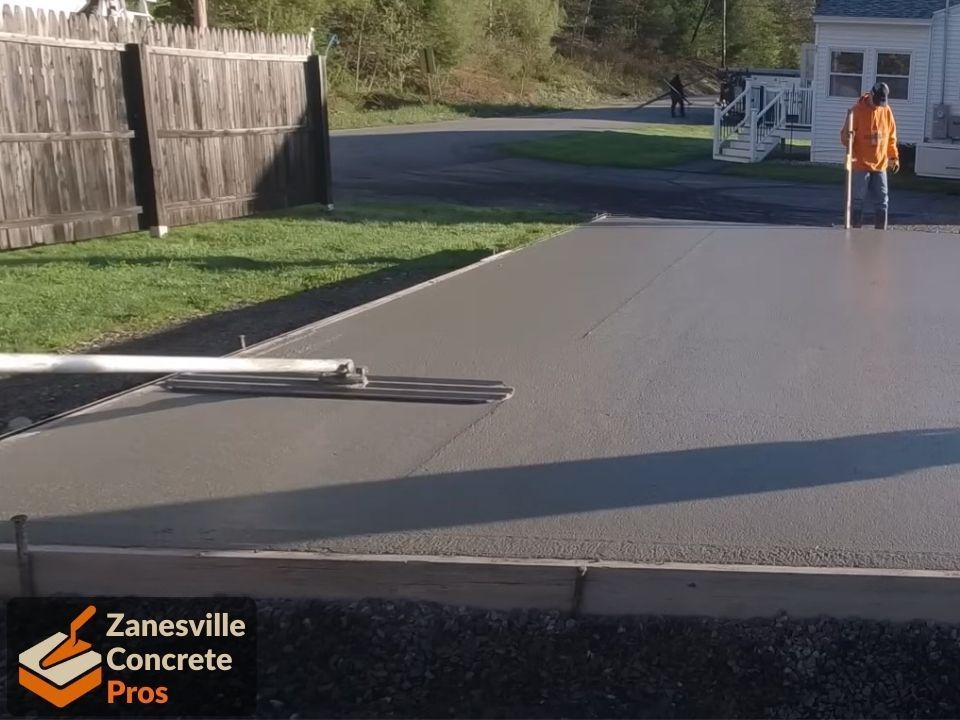 Concrete slab being smoothed and finished in Canton, Ohio as a building pad for a new shop.