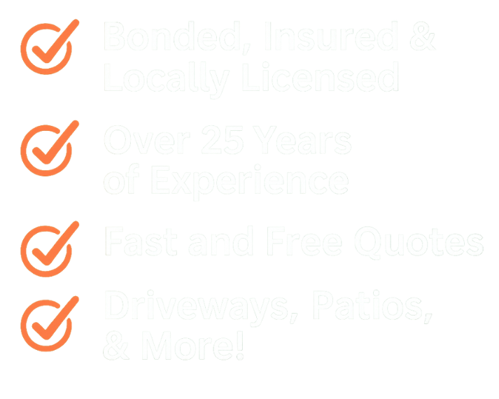 Zanesville Concrete Pros checklist graphic highlighting 25+ years of experience, insured and bonded service, and fast estimates for concrete driveway contractors, driveway replacement, residential driveway pouring, and cracked driveway repairs in Zanesville, OH.