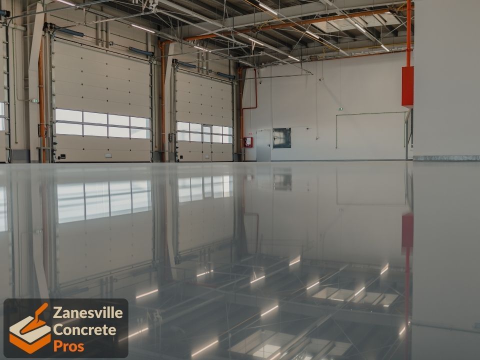 Newly coated commercial epoxy floor in Zanesville, Ohio. Zanesville Concrete Pros specializes in smooth, durable epoxy floor coatings for concrete surfaces.