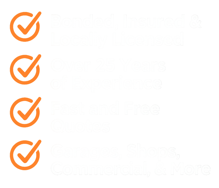 Zanesville Concrete Pros checklist graphic highlighting over 25 years of experience, bonded and insured status, and fast quotes for services including epoxy garage floors, garage floor coatings, commercial garage flooring, and more.