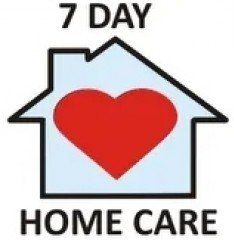 A 7 day home care logo with a red heart inside of a house.