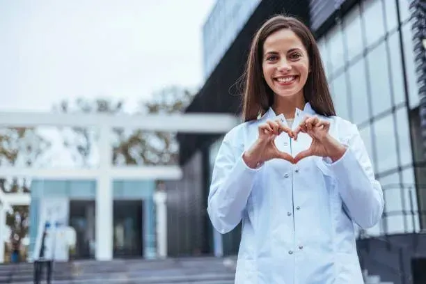A woman in a lab coat is making a heart shape with her hands.