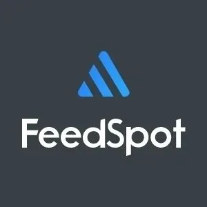 A logo for feedspot with a blue triangle on a dark background.