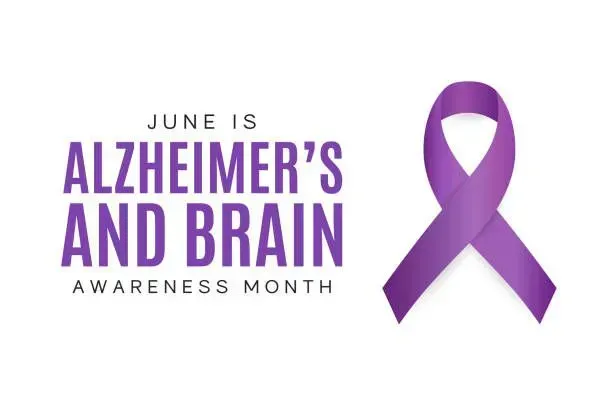 June is alzheimer 's and brain awareness month with a purple ribbon.