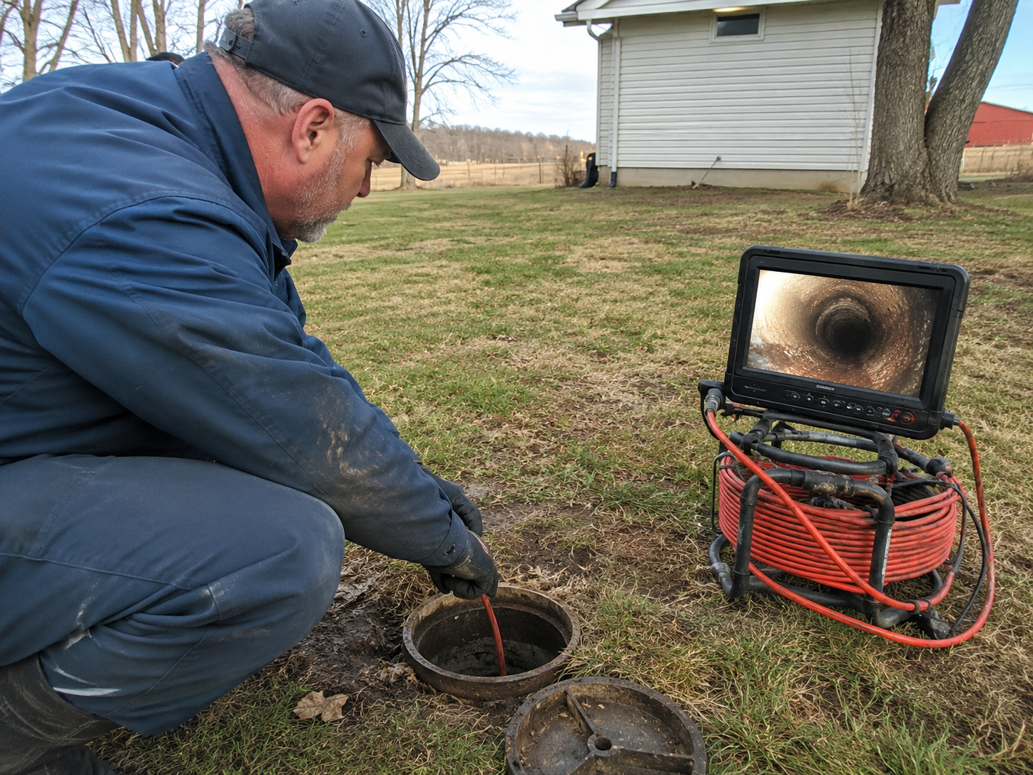 Technician using a sewer camera inspection system at a rural property near Houston, Missouri.