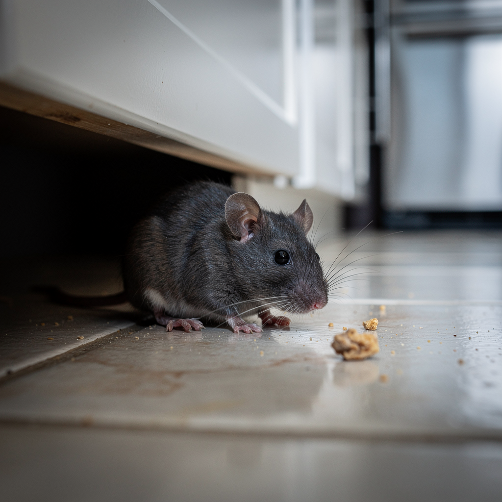 Gray rat under kitchen cabinet sniffing crumbs on tile floor