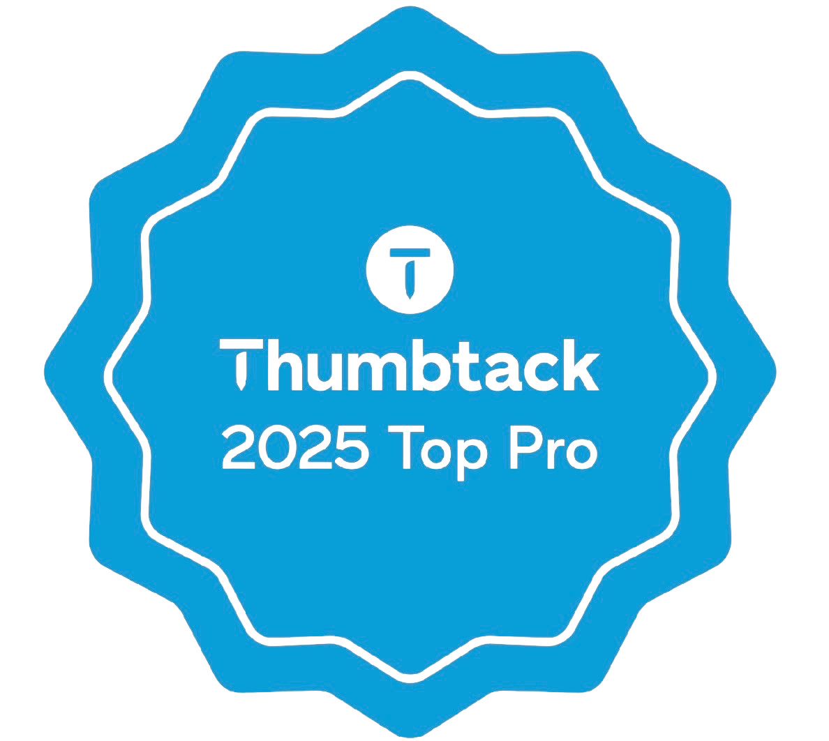 A blue, scalloped-edge badge with the white Thumbtack logo and text that reads: