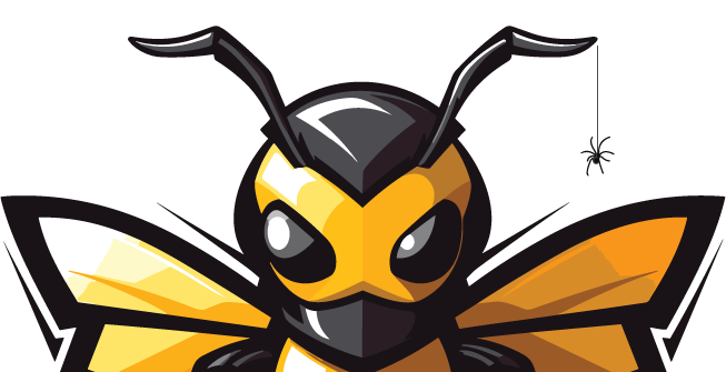 An aggressive, cartoonish hornet mascot in yellow and black with a small spider hanging from its antenna.