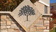 Stone wall with a diamond plaque featuring a black tree silhouette in front of a building