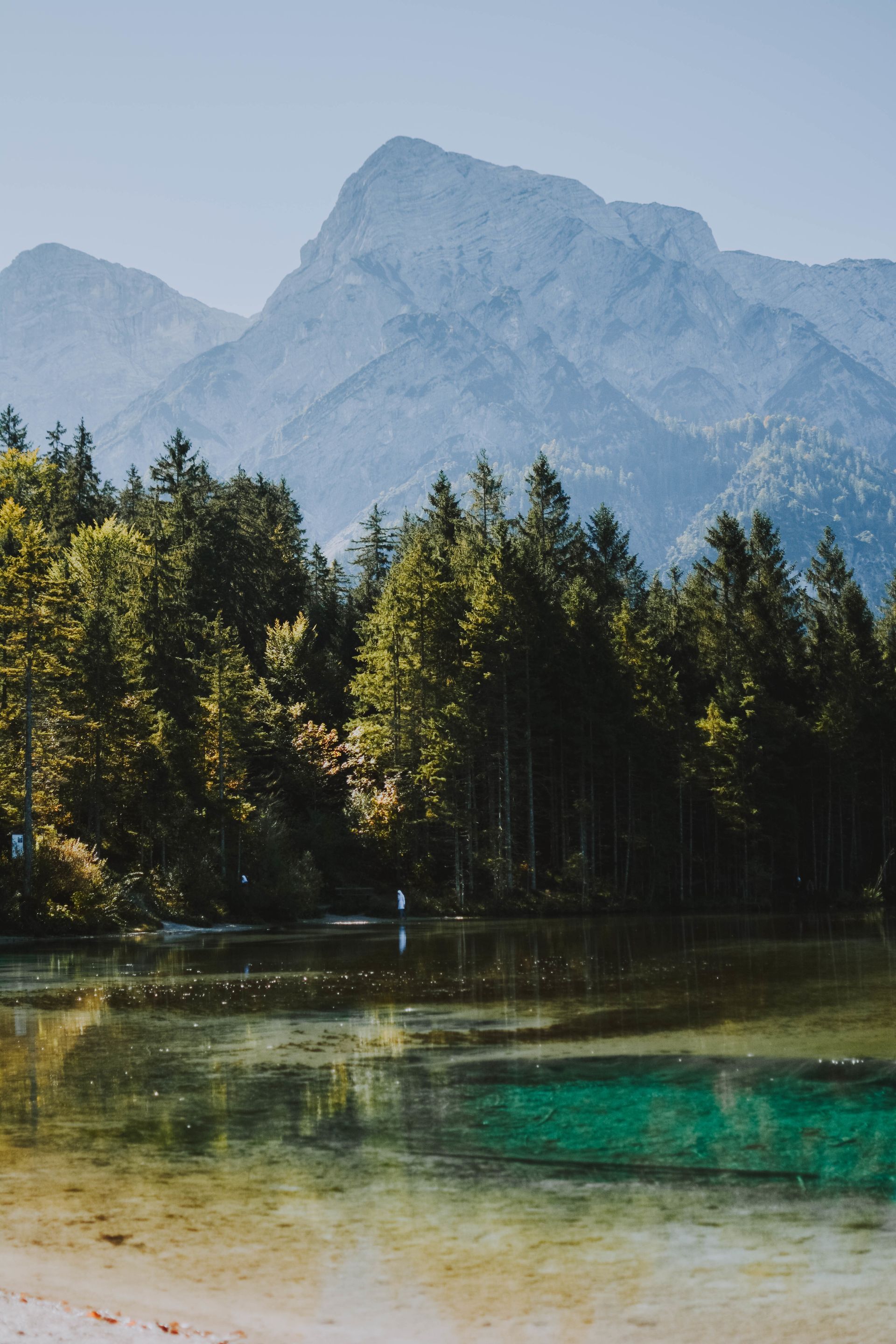 A vibrant turquoise pond sits in front of a dense pine forest, with majestic, rugged mountain peaks in the background.