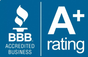 BBB Accredited Business and A+ rating logo on blue background