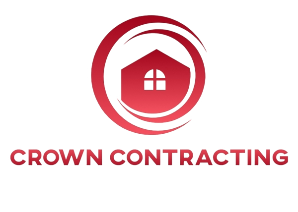 Red and white Crown Contracting logo with a stylized house icon and circular swoosh