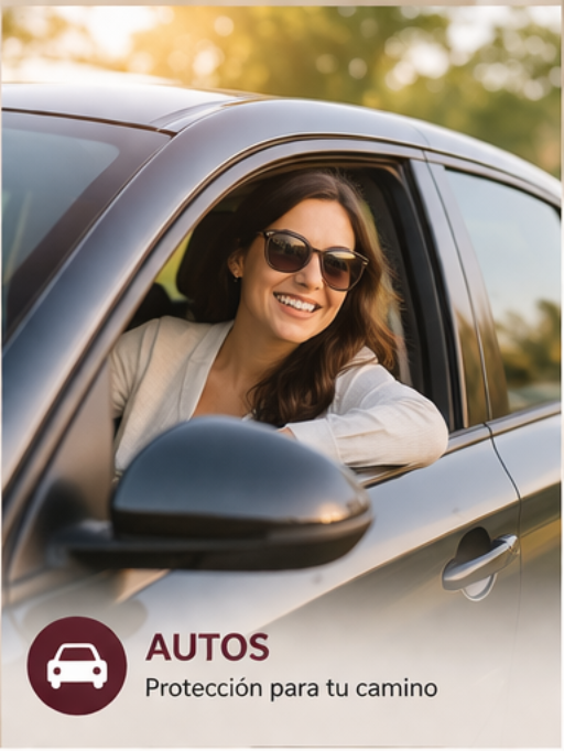 Woman smiling from a car window with AUTOS logo and “Protección para tu camino” text