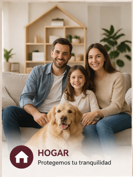 Familia con perro en un sofá en una acogedora sala de estar, con el texto “HOGAR: Protegemos tu tranquilidad”