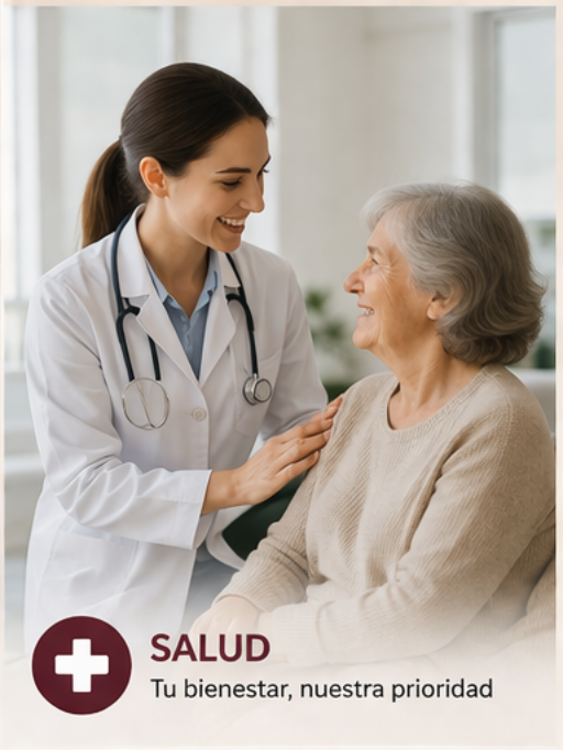 Médico con bata blanca hablando amablemente con un paciente sentado; mensaje de salud en español: “Salud, tu bienestar, nuestra prioridad”.