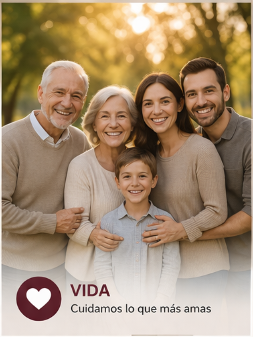 Familia sonriente de cuatro personas con un niño al aire libre al atardecer, con el logotipo de VIDA y “Cuidamos lo que más amamos”.