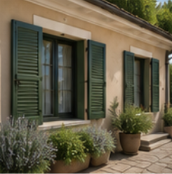 Facciata della casa color beige illuminata dal sole con persiane verdi, piante in vaso e gradini in pietra che conducono a una porta