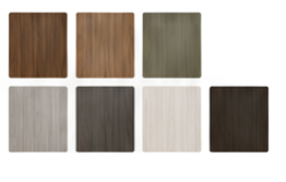 Sette campioni di colore effetto legno nei toni del marrone, grigio, beige e scuro, disposti su due file.