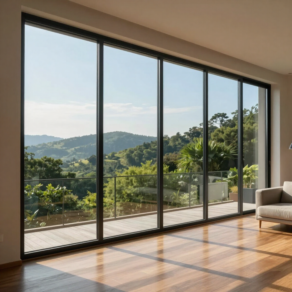 Camera moderna e luminosa con porte finestre a tutta altezza che si affacciano su verdi colline e un balcone.