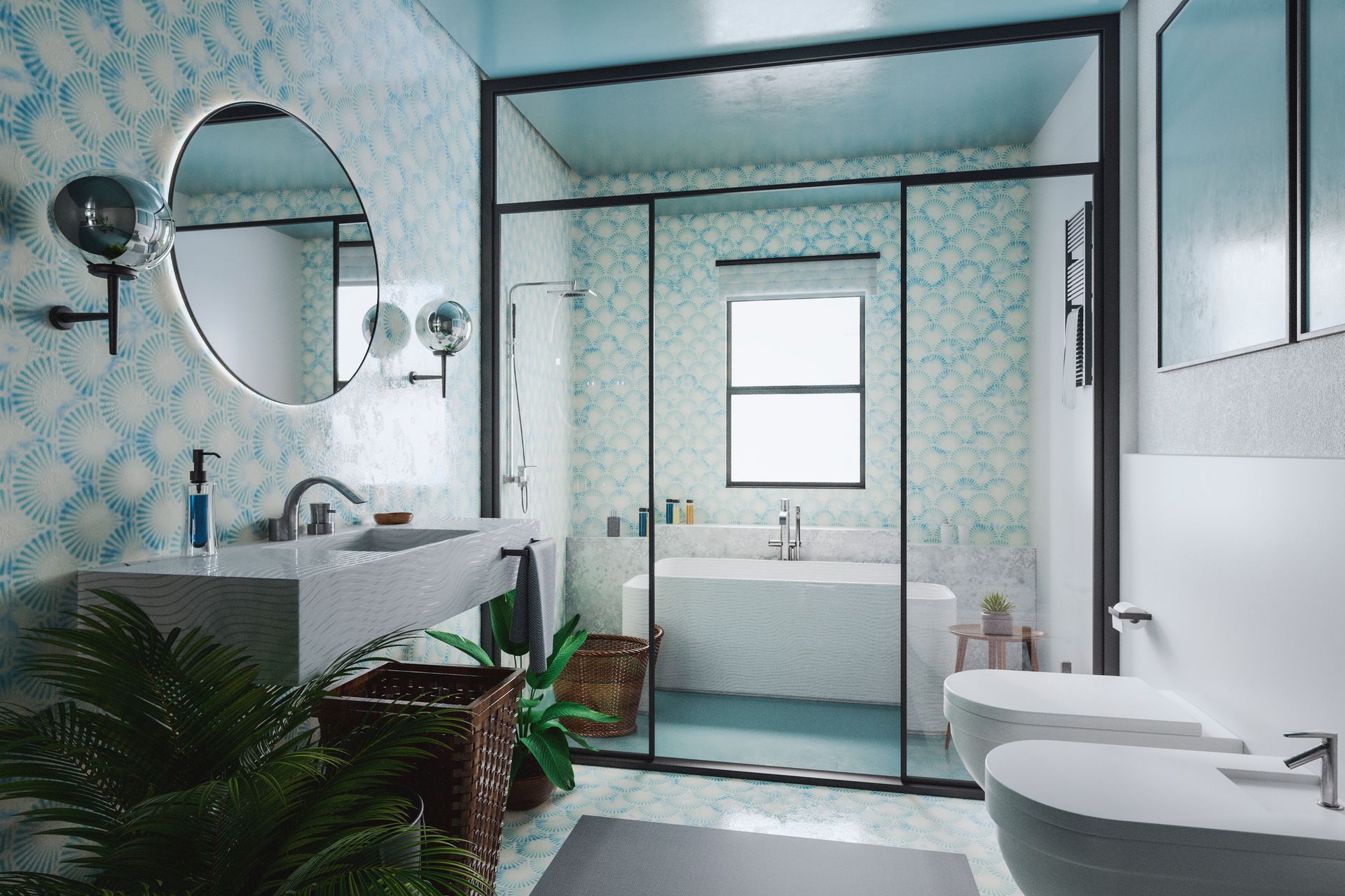 A bathroom with a bathtub , sink , toilet and mirror.