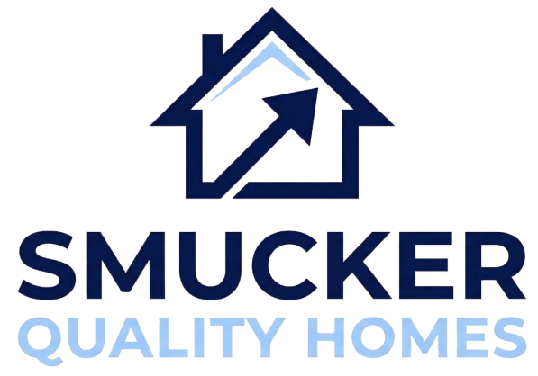 Smucker Quality Homes logo with a navy house icon and light blue text on a white background