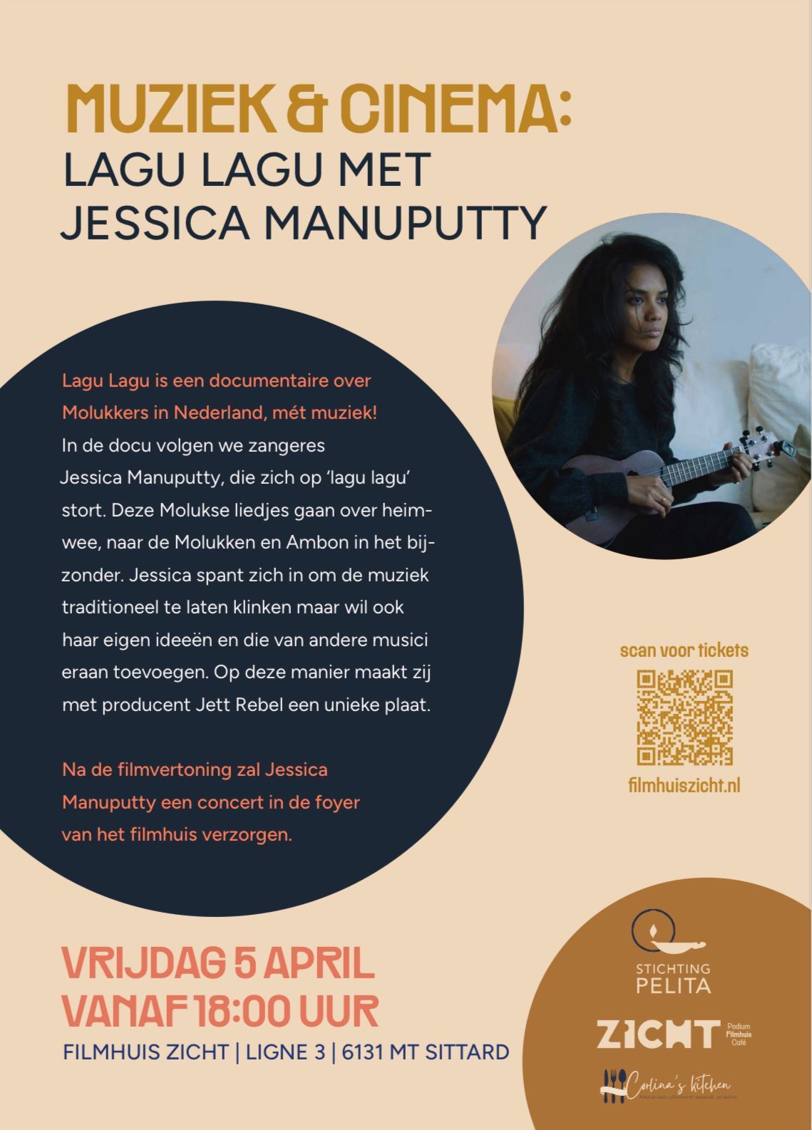 Een poster voor een concert met een vrouw die gitaar speelt.