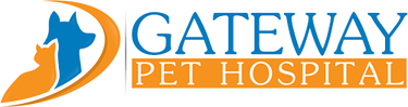 Logo for Gateway Pet Hospital with a dog and cat silhouette and text.