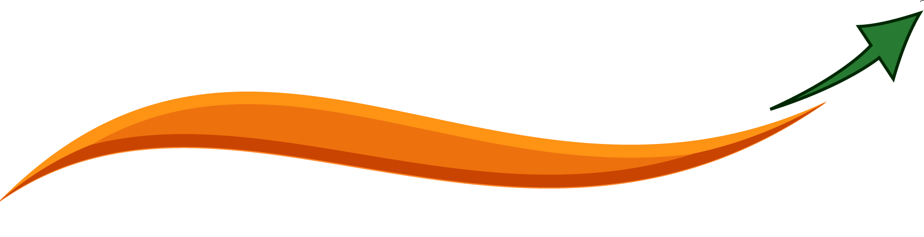 Orange swoosh rising to the right with a green arrow pointing upward