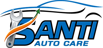 Santi Auto Care logo with wrench, orange swoosh, and blue car outline