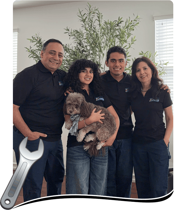 Santi Auto Care family in black shirts poses indoors with a brown dog in front of a tall potted plant.