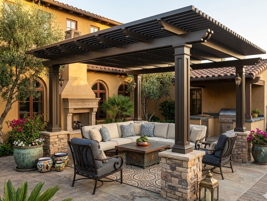 Luxury Alumawood patio cover with integrated lighting.