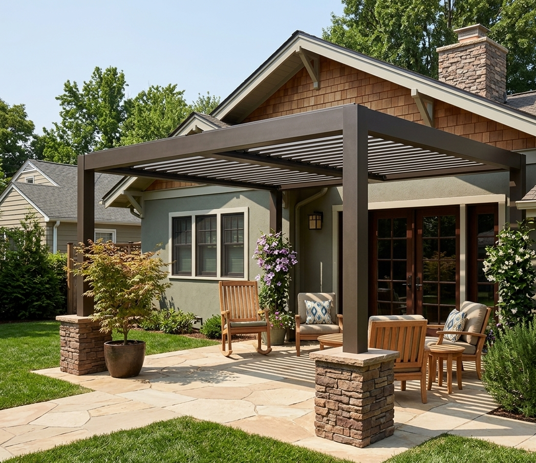 Modern brown pergola attached to the rear of a house.