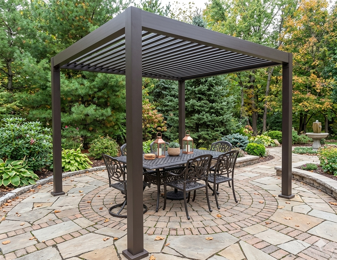 Dark metal freestanding pergola over a stone patio table.