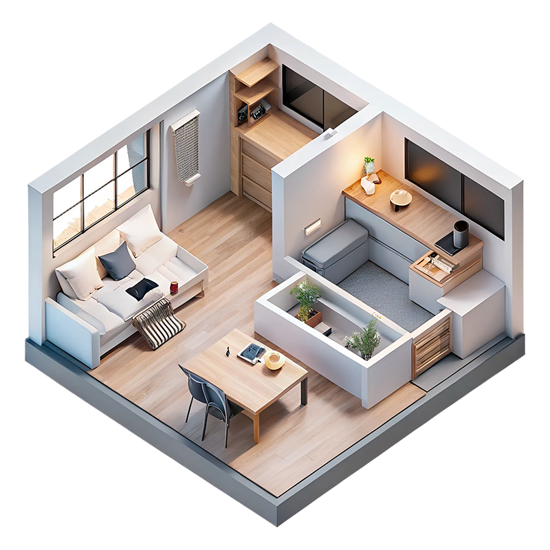 Isometric view of a small apartment: living area with sofa, kitchen, desk, and a built-in bathtub.