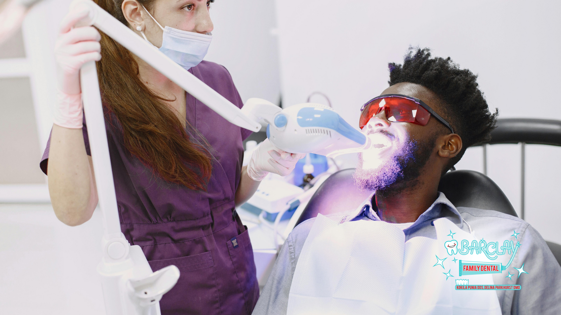 Dentist performing teeth whitening on a patient with protective eyewear in a dental office.