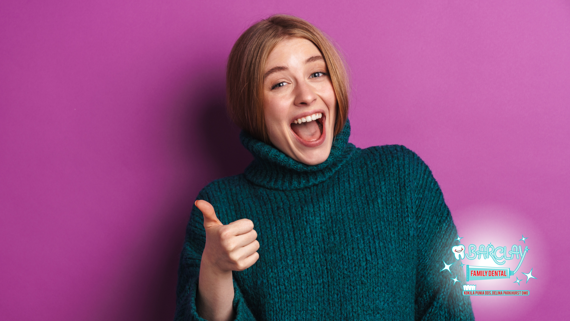 Woman in teal turtleneck, smiling widely, giving a thumbs-up against a purple background.