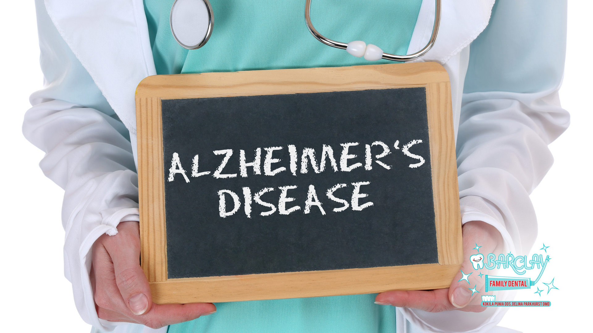 A doctor is holding a chalkboard that says alzheimer 's disease