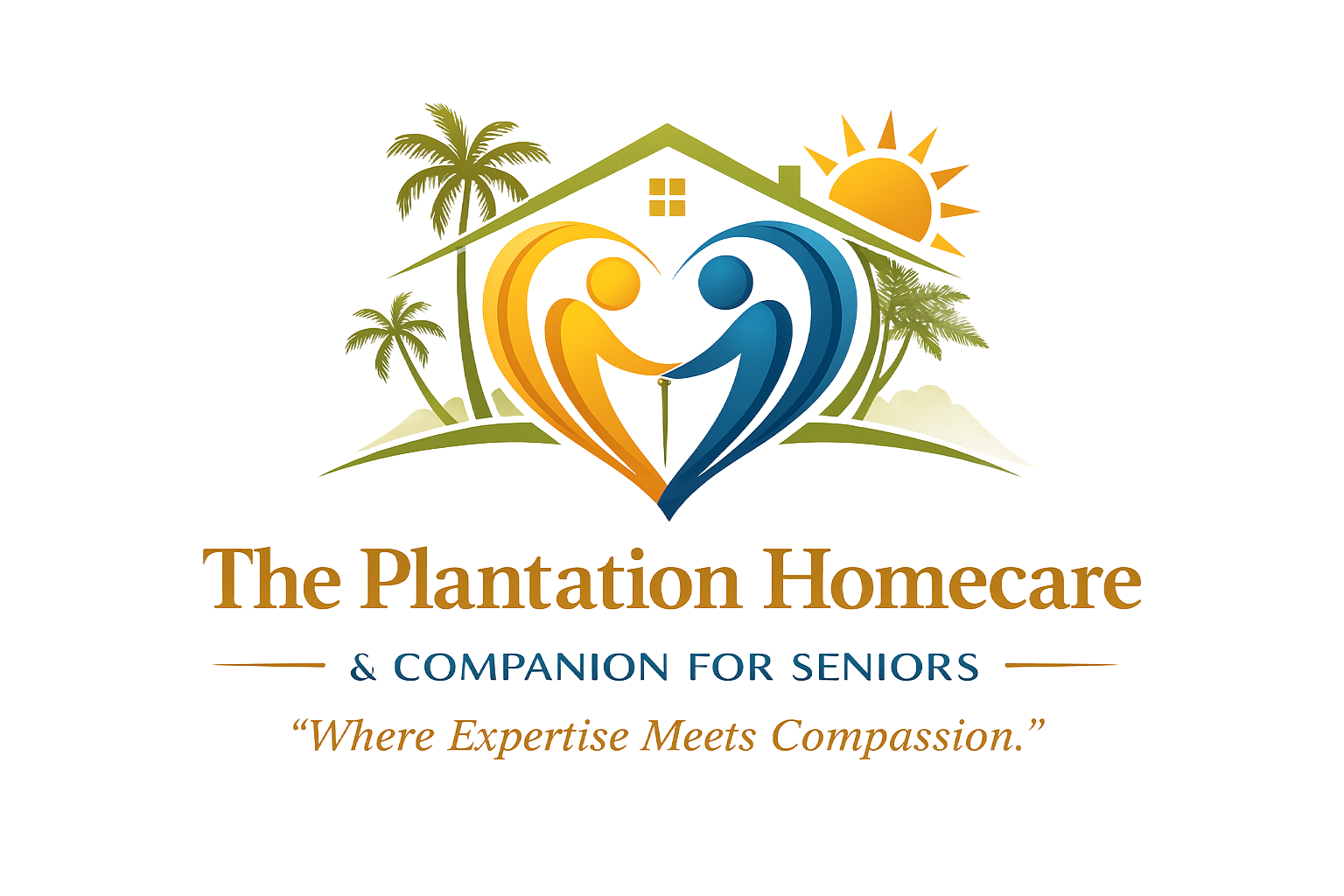 The Plantation Homecare logo with stylized figures, palm trees, sun, and “Where Expertise Meets Compassion.”